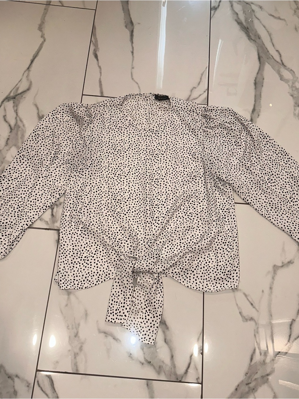 Primark White Long Sleeve Polka Dot Tie-Front Blouse